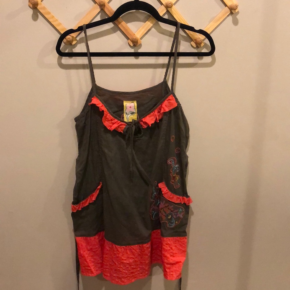 Free People tunic olive with coral embroidered